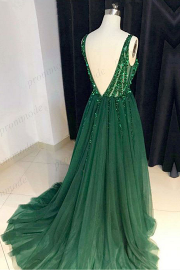 Sexy V-nevk V-back Green Tulle Evening Dresses,Cheap Long A Line Prom Dress OKI54