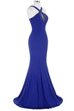 Royal Blue Open Back Long Mermaid Beaded Sexy Prom Dress K739