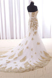 Sweep Train Mermaid Strapless White Long Prom Dress With Gold Lace K709