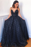 Spaghetti Straps A-line Navy Blue Lace Long Prom Dress Formal Evening Dress OK1004