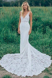 Mermaid V Neck Backless White Lace Long Wedding Dress Beach Boho Bridal Dress OKF76