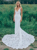 Mermaid V Neck Backless White Lace Long Wedding Dress,Beach Boho Wedding Dresses OKF76