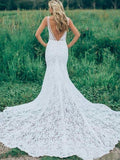 Mermaid V Neck Backless White Lace Long Wedding Dress,Beach Boho Wedding Dresses OKF76
