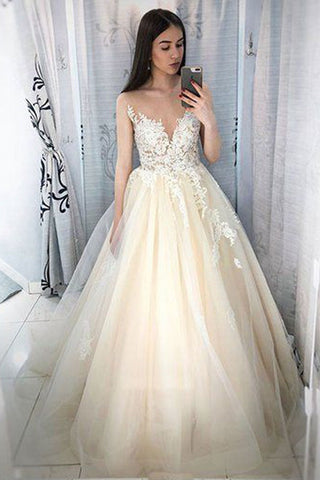 Charming Ball Gown Lace Appliques Long Prom Dress, Elegant Evening Dresses OKF9