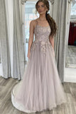 A Line Tulle Lace Appliques Long A line Prom Dress Flooe Length Formal Evening Dress OK1310
