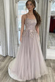 A Line Tulle Lace Appliques Long A line Prom Dress Floor Length Formal Evening Dress OK1310