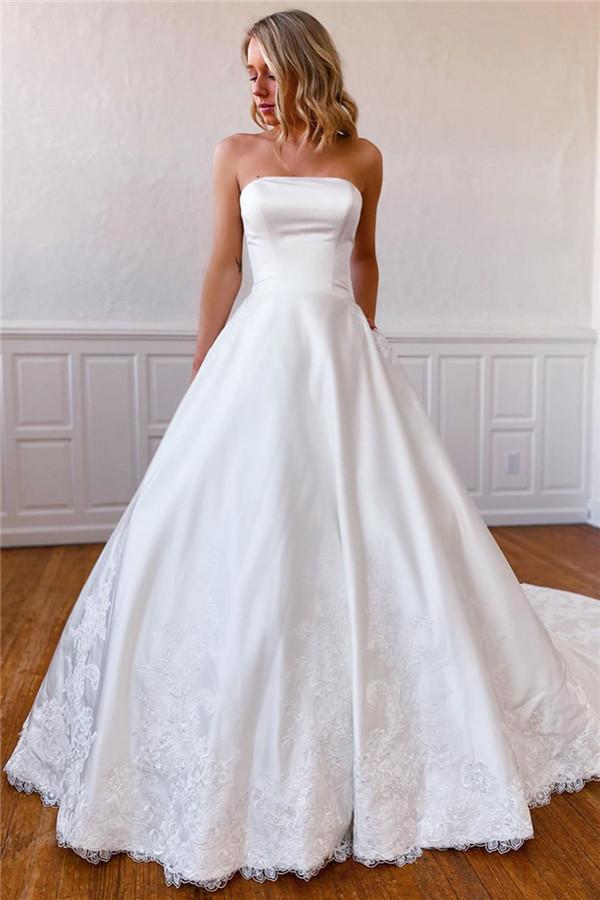 Elegant Lace Appliques Long Strapless Satin Off White Wedding Dress with Pockets OKY65