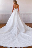 Simple Lace Appliqued Long Strapless Satin Off White Wedding Dress with Pockets OKY65