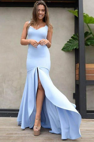 Mermaid V Neck Straps Backless Light Blue Satin Prom Dresses with Split OKE85