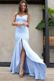 Mermaid V Neck Straps Backless Light Blue Satin Prom Dress with Side Split OKE85