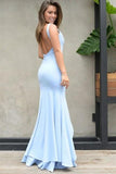 Mermaid V Neck Straps Backless Light Blue Satin Prom Dress with Side Split OKE85