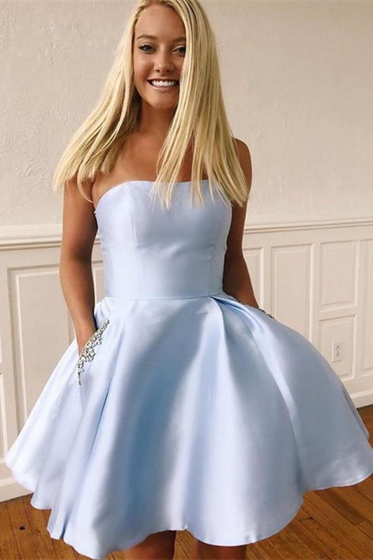 Simple Strapless A Short Light Blue Homecoming Dress with Beaded Pockets OKY61