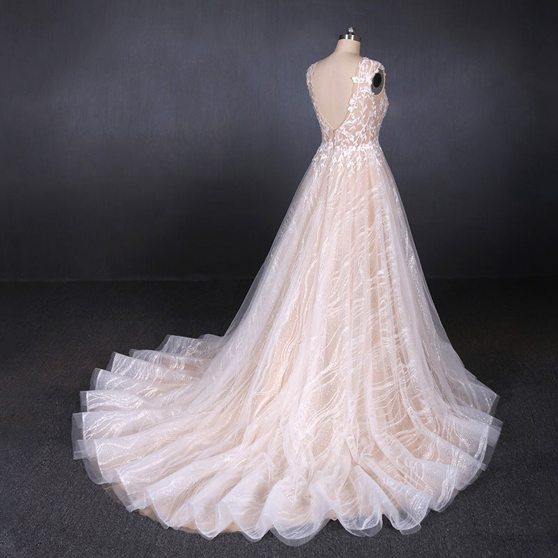 A Line Lace Sleeveless Elegant Wedding Dresses, Backless Long Bridal Dresses OKQ27