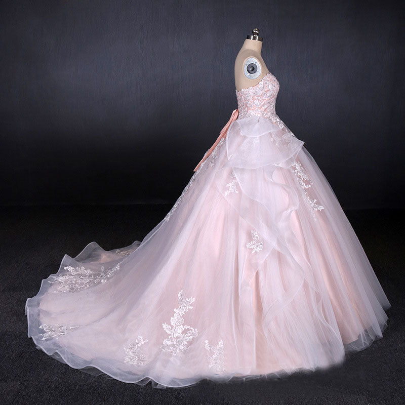 Romantic Pearl Pink Ball Gown Wedding Dresses, Sweetheart Appliques Bridal Gown OKQ24
