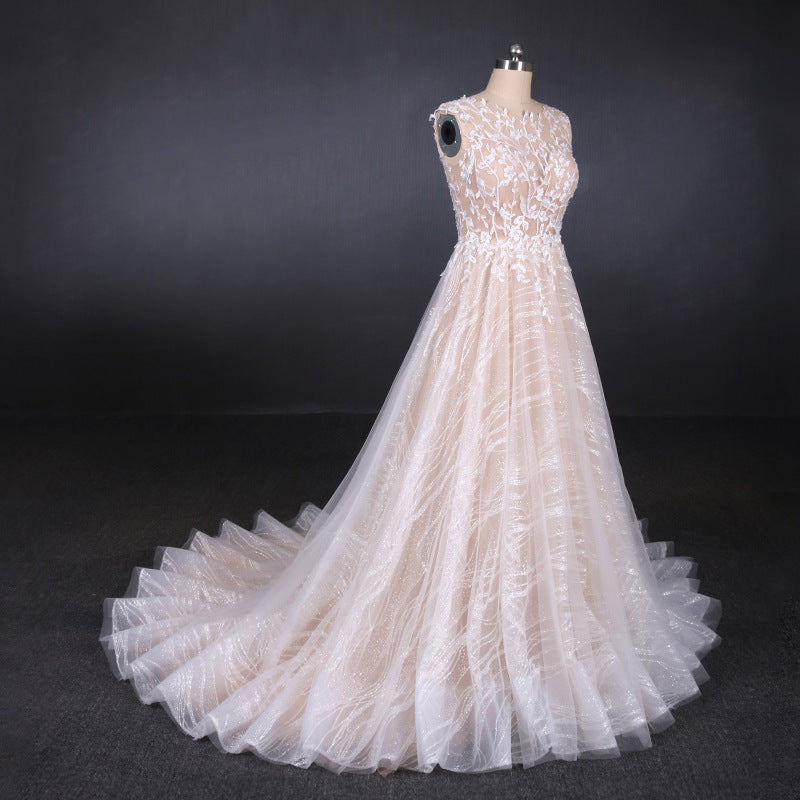 A Line Lace Sleeveless Elegant Wedding Dresses, Backless Long Bridal Dresses OKQ27