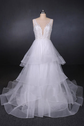 A Line V Neck Layered Backless Wedding Dresses, Long Bridal Gown OKQ23