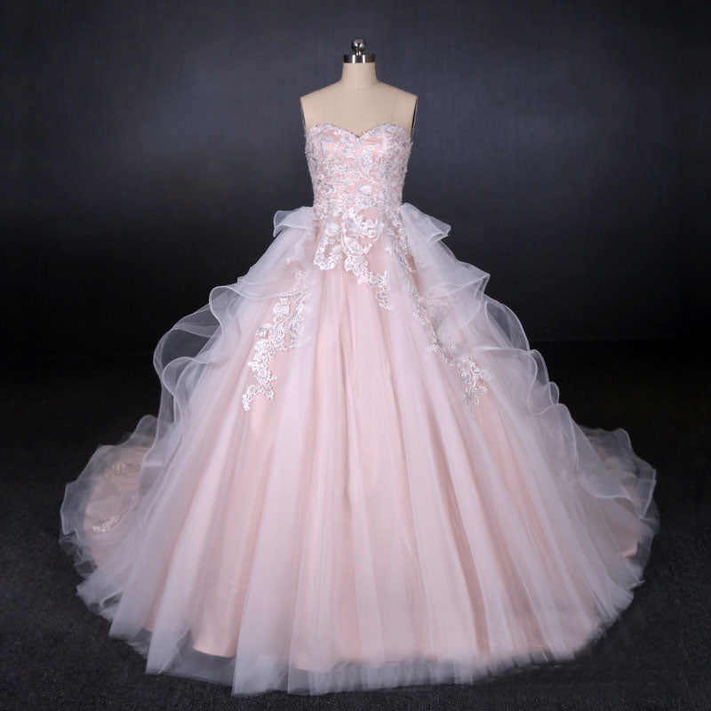 Romantic Pearl Pink Ball Gown Wedding Dresses, Sweetheart Appliques Bridal Gown OKQ24
