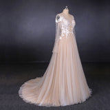 Charming A Line Long Sleeves Lace Appliques Tulle Wedding Dresses OKQ30
