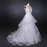 A Line V Neck Layered Backless Wedding Dresses, Long Bridal Gown OKQ23