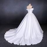 Off the Shoulder White Ball Gown Simple Wedding Dresses, Satin Bridal Gown OKQ20