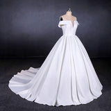 Elegant Off Shoulder White Ball Gown Simple Wedding Dress Satin Bridal Gown OKQ20