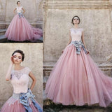 Princess Cap Sleeves Ball Gown Bateau Lace Bow-knot Pink Tulle Wedding Dress OK563