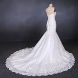 Sweetheart Mermaid Lace Appliques Button Back Long Wedding Dresses OKQ29