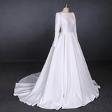 Simple A Line Long Sleeves Satin Wedding Dresses, New Arrival White Long Bridal Gown OKQ13