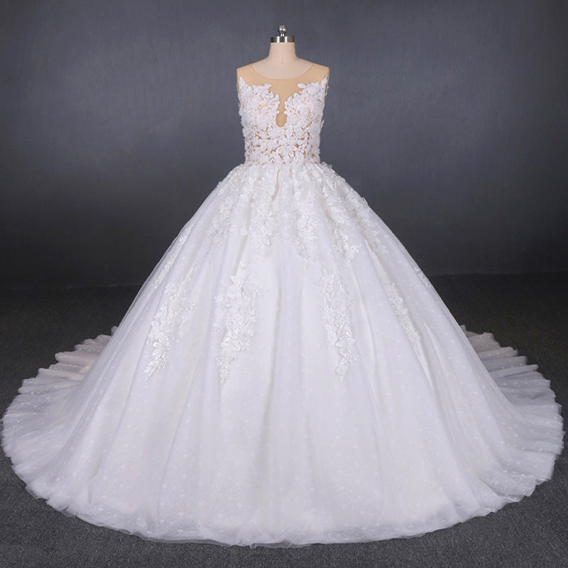 White Appliques Tulle Ball Gown Princess Wedding Dresses, Bridal Gown OKQ31
