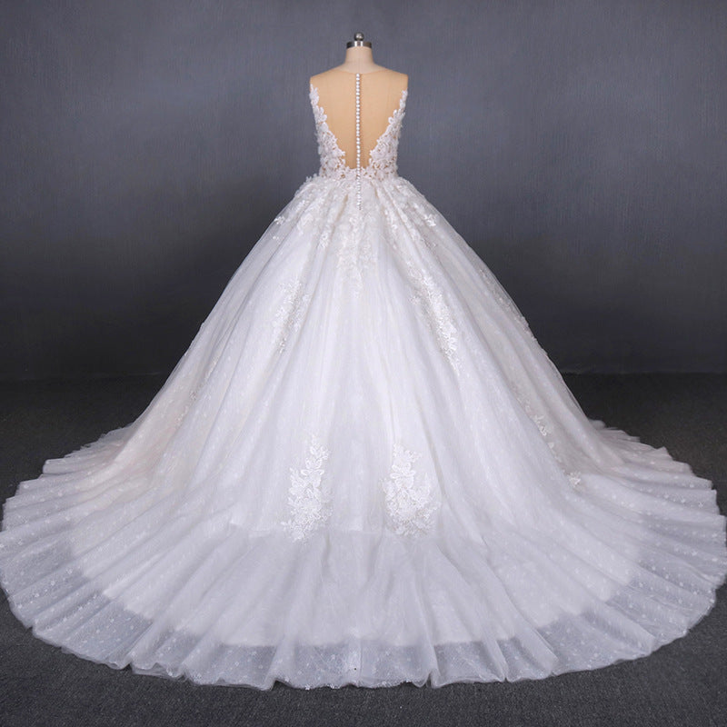 White Appliques Tulle Ball Gown Princess Wedding Dresses, Bridal Gown OKQ31