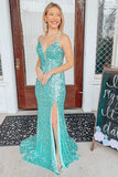 Light Jade Sequin V-Neck Lace-Up Back Mermaid Long Prom Dress  Evening Dress OK1690