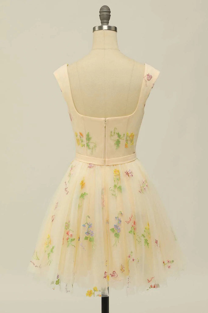 Floral Print Sweetheart A-Line Tulle Short Party Dress Homecoming Dresses OK1849