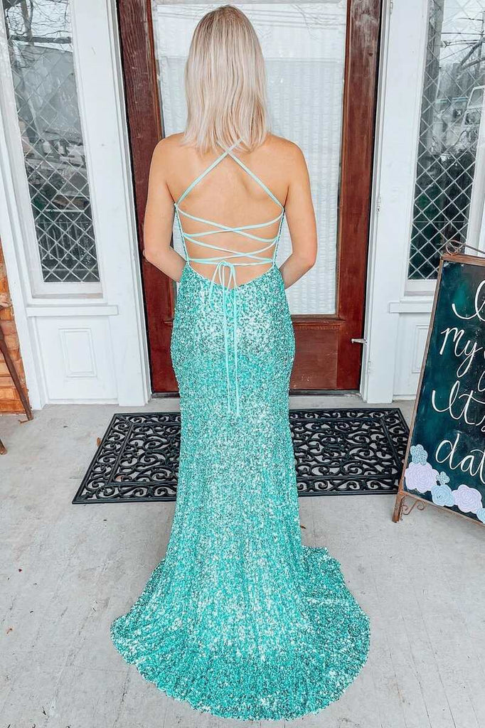 Light Jade Sequin V-Neck Lace-Up Back Mermaid Long Prom Dress  Evening Dress OK1690