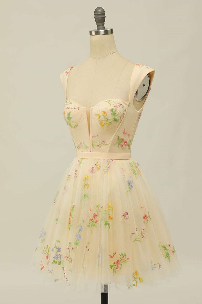 Floral Print Sweetheart A-Line Tulle Short Party Dress Homecoming Dresses OK1849