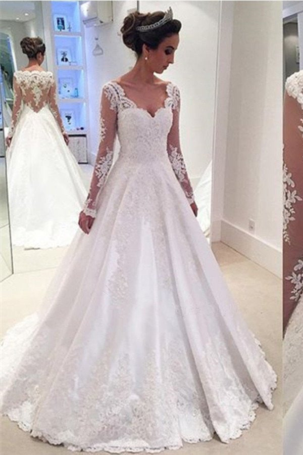 Long Sleeves Lace A-line High Low Long White V-neck Wedding Dress W31
