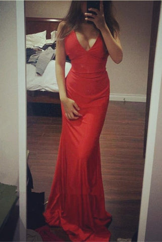 Sexy Red V-neck Simple Cheap Mermaid Long Charming Prom Dress K721