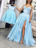 Charming Sweetheart Split Blue Lace Appliques Long Prom Dress,Pretty Evening Dresses OKG18