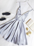 Cute A Line V Neck Satin Short Homecoming Dress with Pockets OKM70