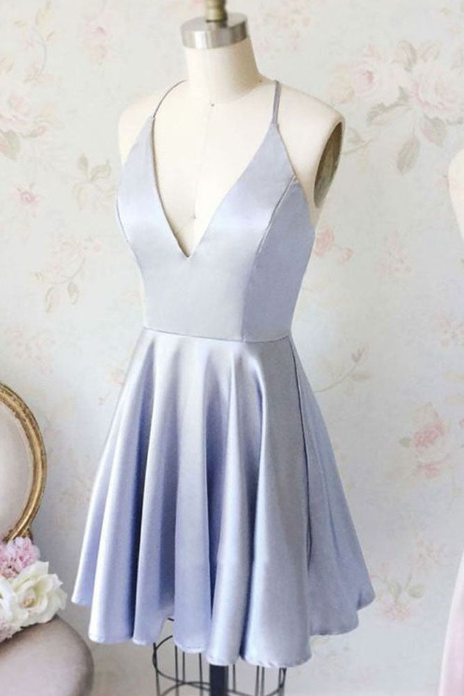 Cute A Line V Neck Satin Short Homecoming Dress with Pockets OKM70