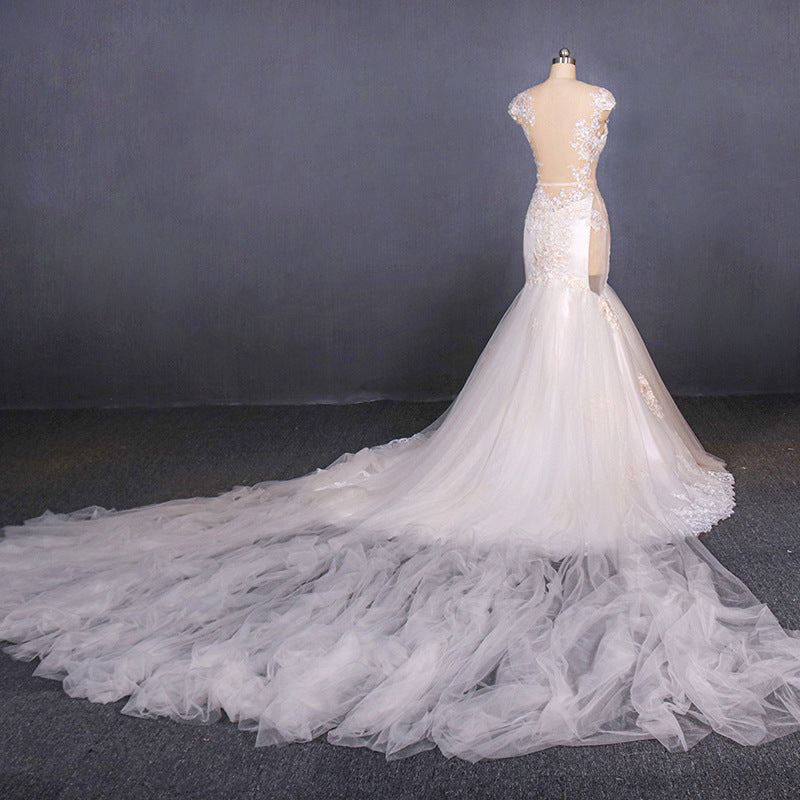 Charming Mermaid Tulle Wedding Dresses, Chapel Train Long Bridal Gown OKQ14