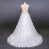 Stunning A Line V Neck Tulle Lace Appliques Wedding Dress, Bridal Dress OKQ12