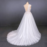 Stunning A Line V Neck Tulle Lace Appliques Wedding Dress, Bridal Dress OKQ12