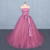 Strapless A Line Tulle Lace Appliques Prom Dress, Long Formal Dress OKQ22