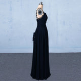 Navy Blue Chiffon V Neck A Line Long Prom Dress With Lace Top OKQ21