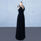 Navy Blue Chiffon V Neck A Line Long Prom Dress With Lace Top OKQ21