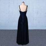 Navy Blue Chiffon V Neck A Line Long Prom Dress With Lace Top OKQ21