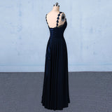 Navy Blue Chiffon V Neck A Line Long Prom Dress With Lace Top OKQ21