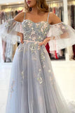 Vintage A-Line Long Tulle Evening Prom Dress With Lace Appliques OK1208