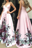 Pink A Line Satin Floral Prints Spaghetti Strap A-Line Prom Dresses OK2000