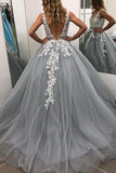 A Line V Neck Tulle Lace Appliques Long Prom Dress Formal Evening Dress School Party Gown OK1019